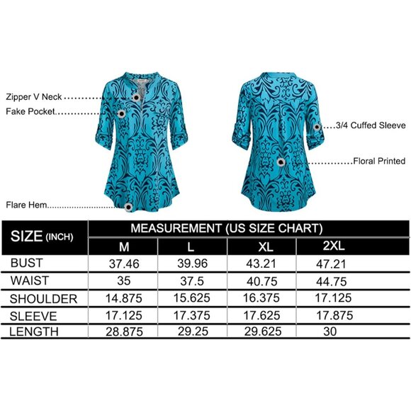 Womens  Black Armygreen Floral 3/4 Sleeve Shirts Zip V Neck Work Chiffon Top - Picture 5 of 5